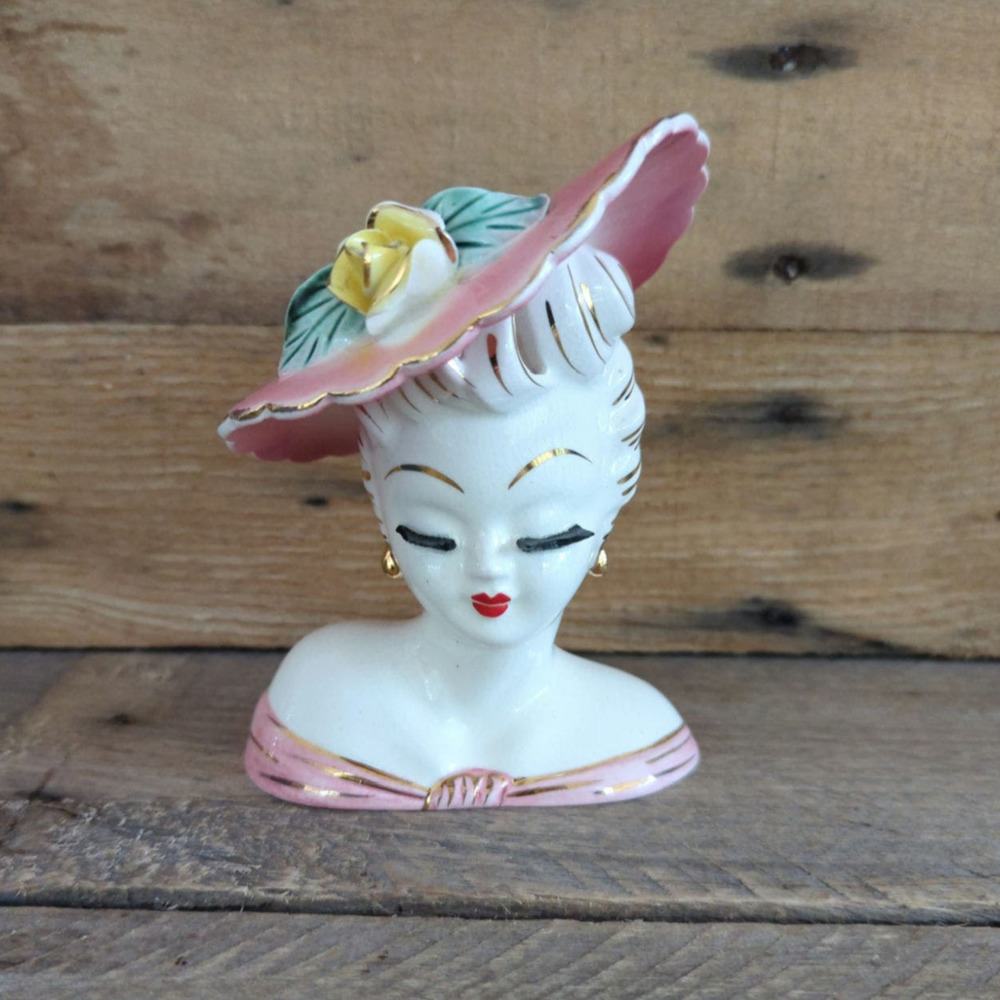 Vtg Lady Head Vase Pink and Gold Dress & Hat Yellow Rose Eyelashes Bumper Bangs